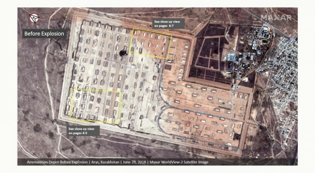 Maxar satellite imagery of ammunition depot explosion in Kazakhstan (from import)